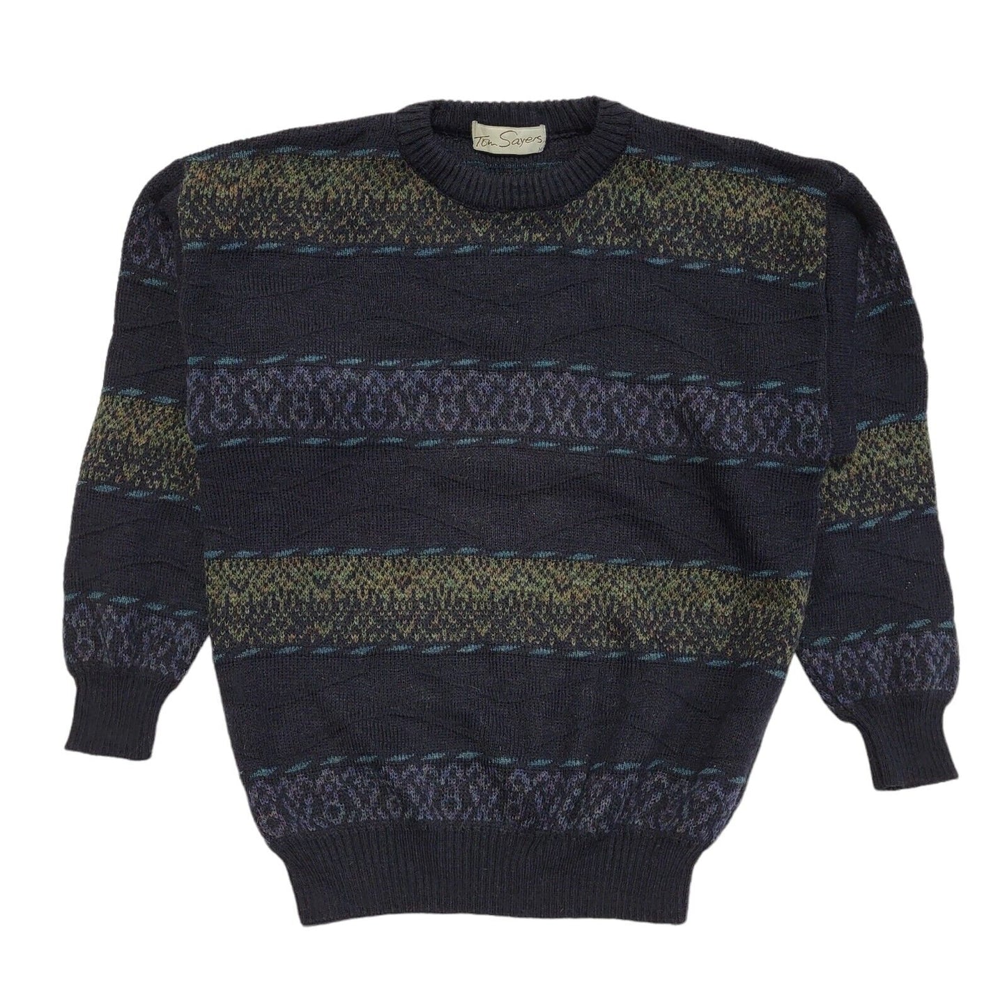 Tom Sayers Vintage 80s Black Blue Geometric Crew Neck Jumper Men's UK M