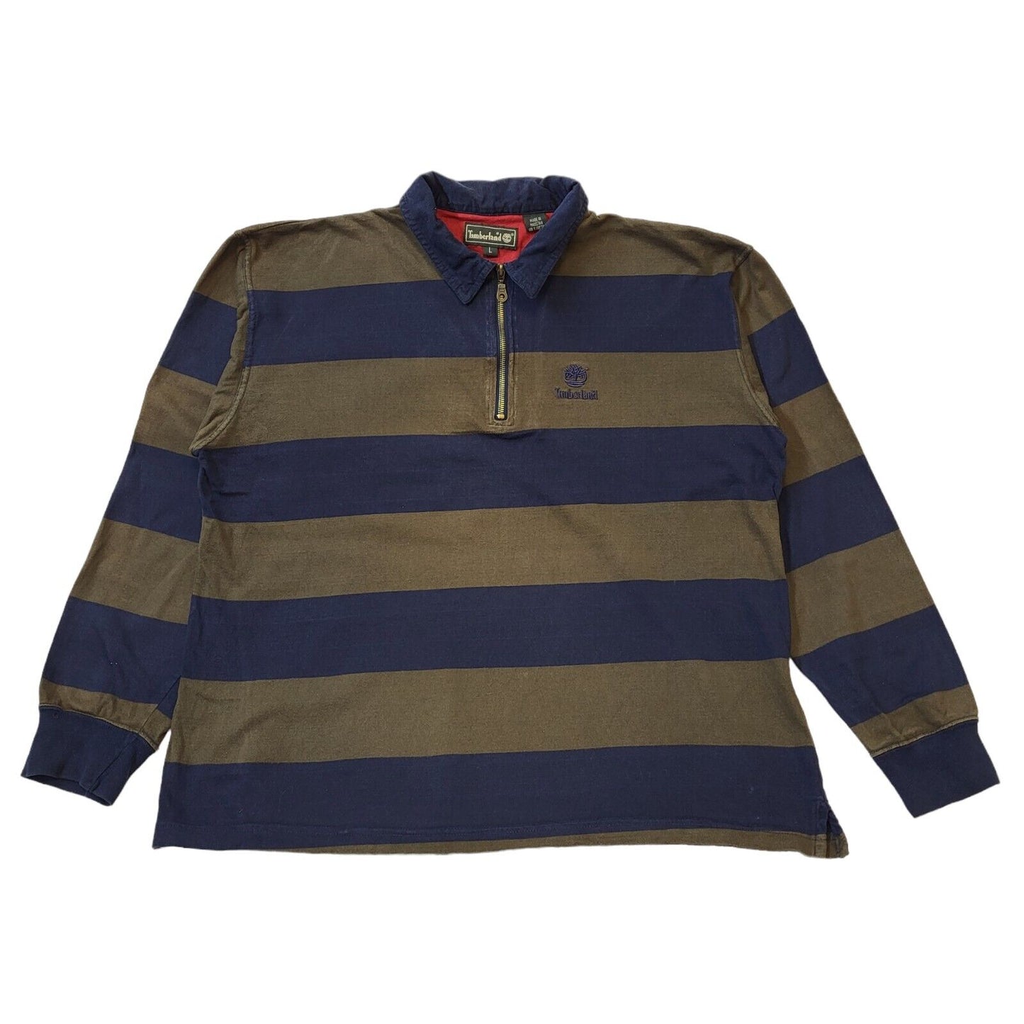 Timberland Brown & Navy Striped Y2k 1/4 Zip Jumper Men's Size Large