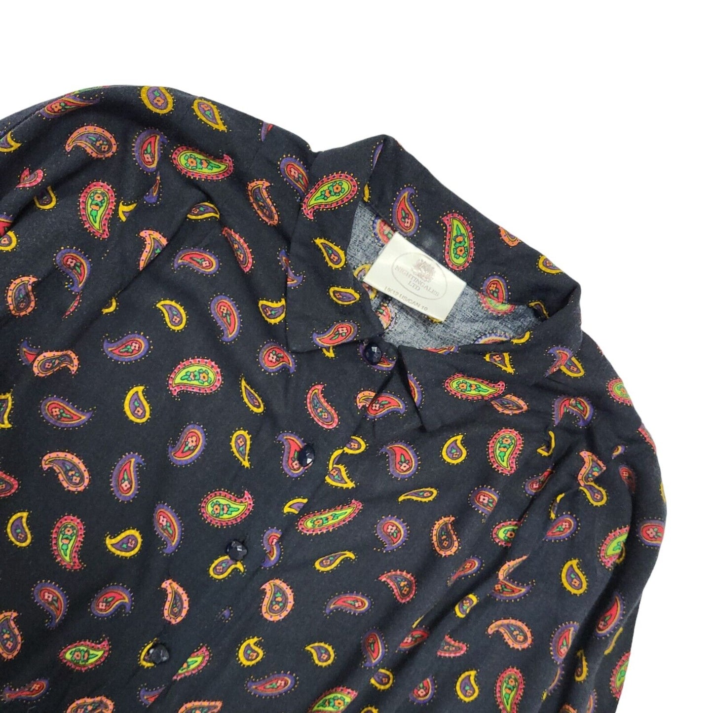 90s Vintage Nightingales Black Paisley Long Sleeve Dress Women's Size 12