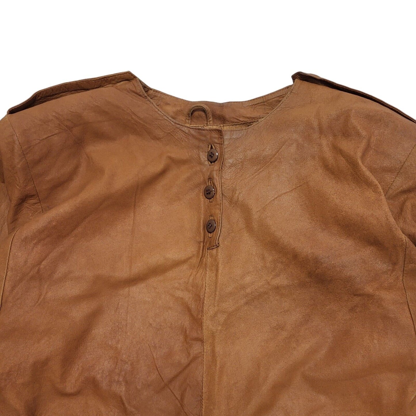 Vintage 80s Brown Leather Long Sleeve Daywear Dress Uk Women's Size 14