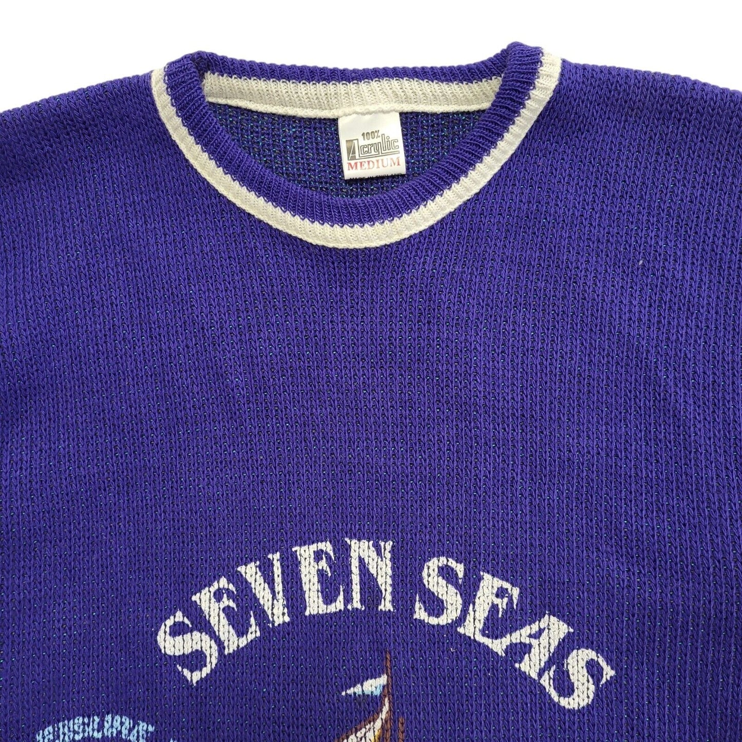 Seven Seas Sailing 80s Blue Crew Neck Acrylic Jumper Men's Size Medium