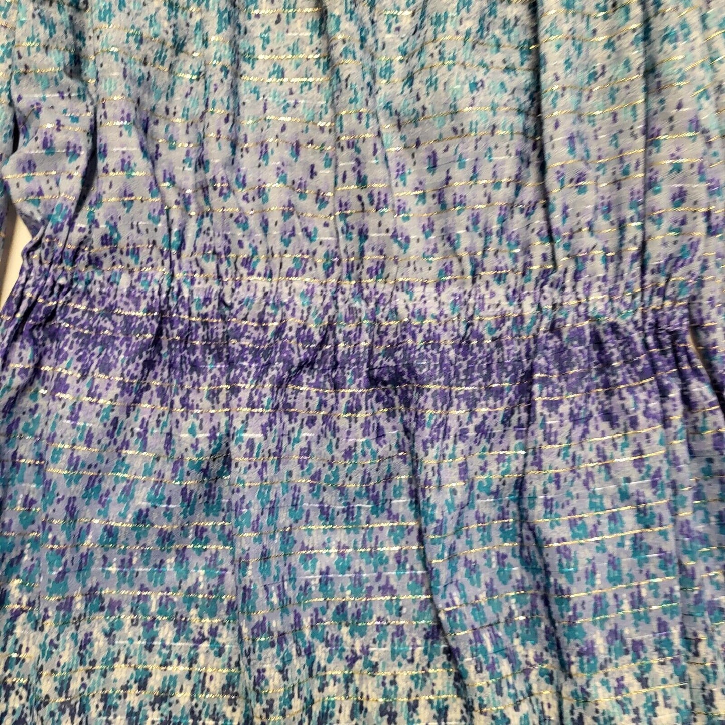 70s Vintage Blue Sparkly Striped Off Shoulder A-Line Daywear Dress Women's 12-14