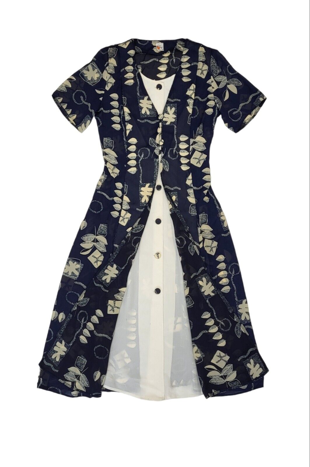 90s Vintage Blue Leaf Print Buttoned Daywear Midi Dress Women's Size S