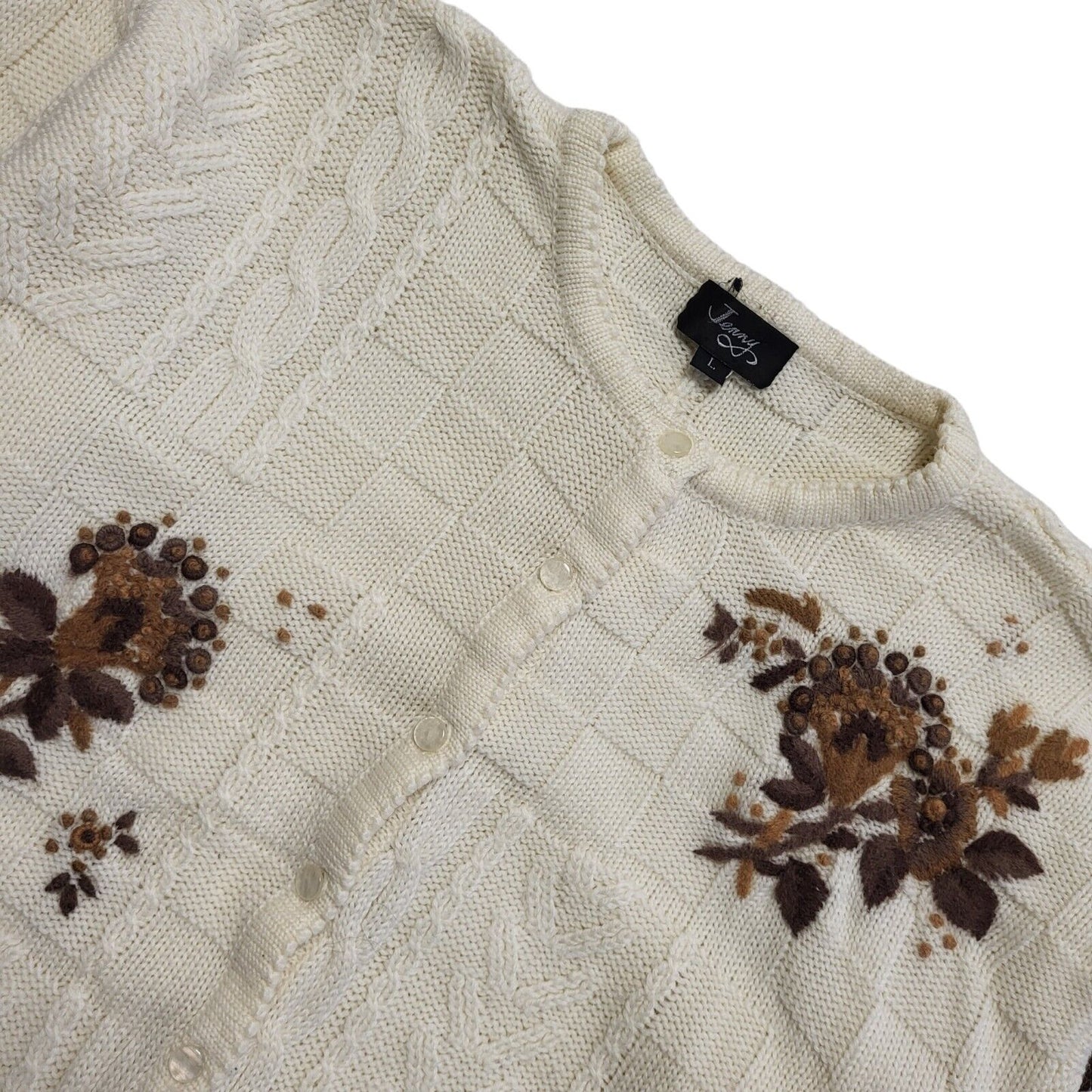 Jenny 80s Vintage Cream & Brown Button Cardigan Uk Women's Size Large