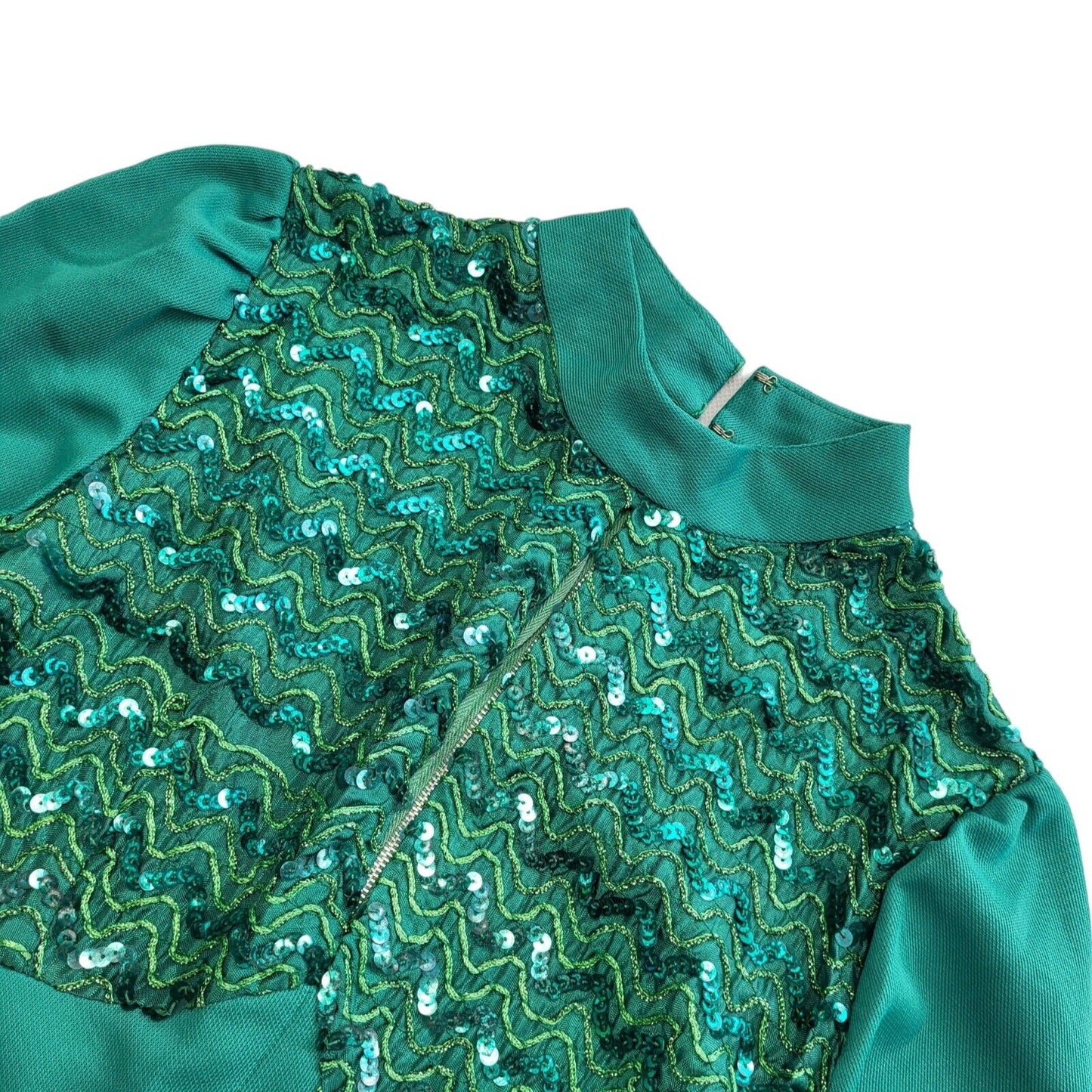 Vintage 70's Green Zip Evening Sequin A-Line Dress Uk Women's Size 14