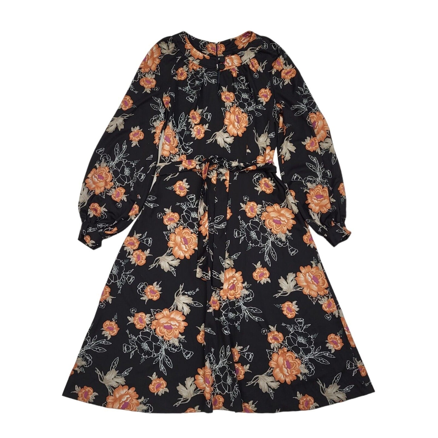 70s Vintage Black Floral Belted Balloon Sleeve A-Line Dress Women's 12