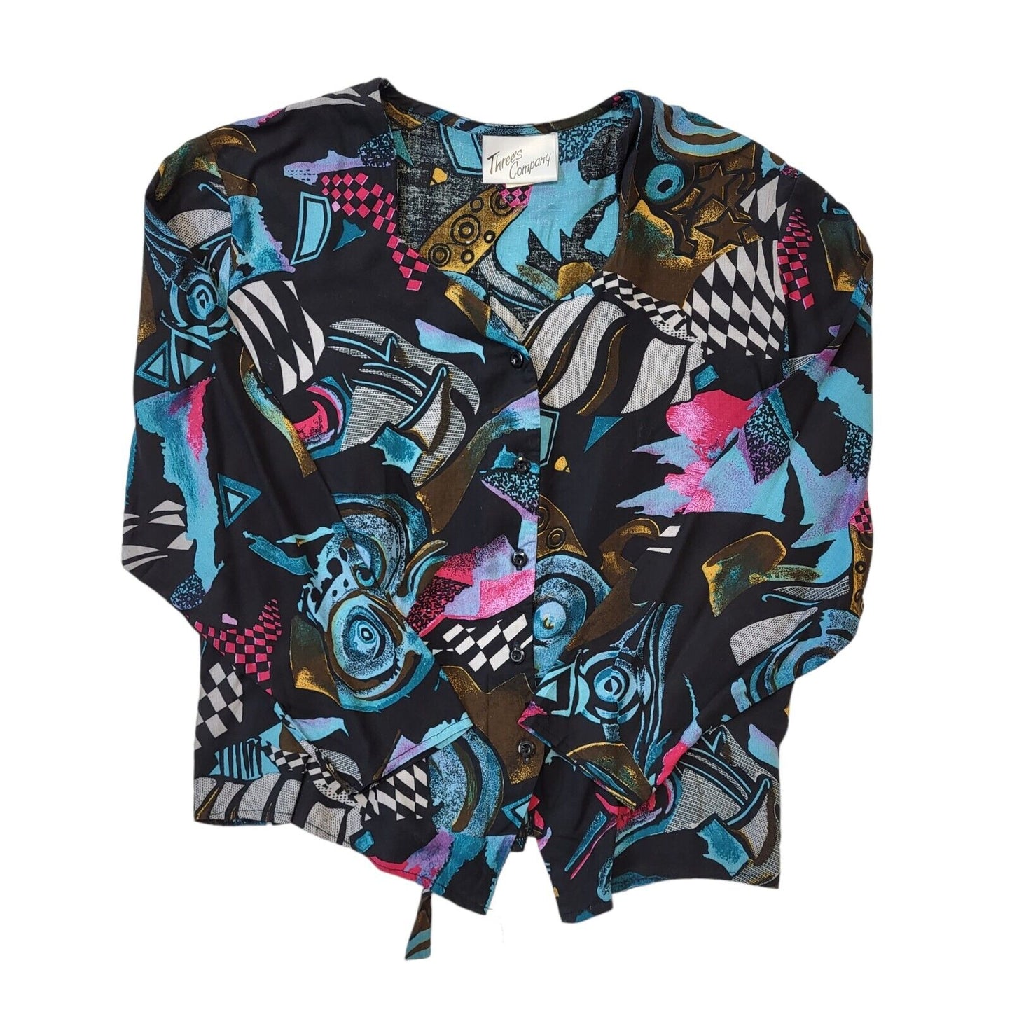 Three's Company 90s Vintage Black Blue 3/4 Sleeve Blouse Women's Size 14 Eu 42