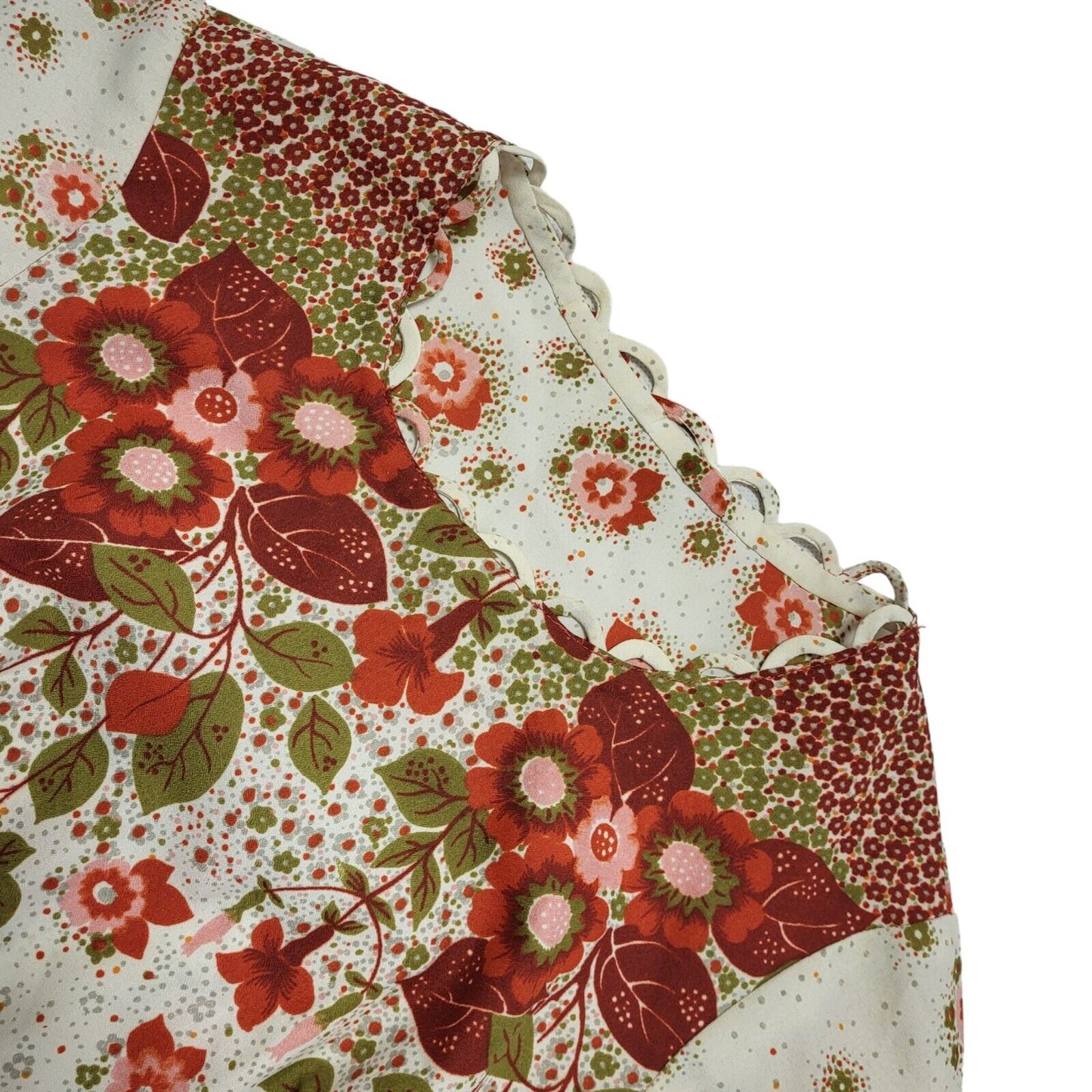 70s Vintage White Pink Green Floral Fit & Flare Daywear Dress Women's 12