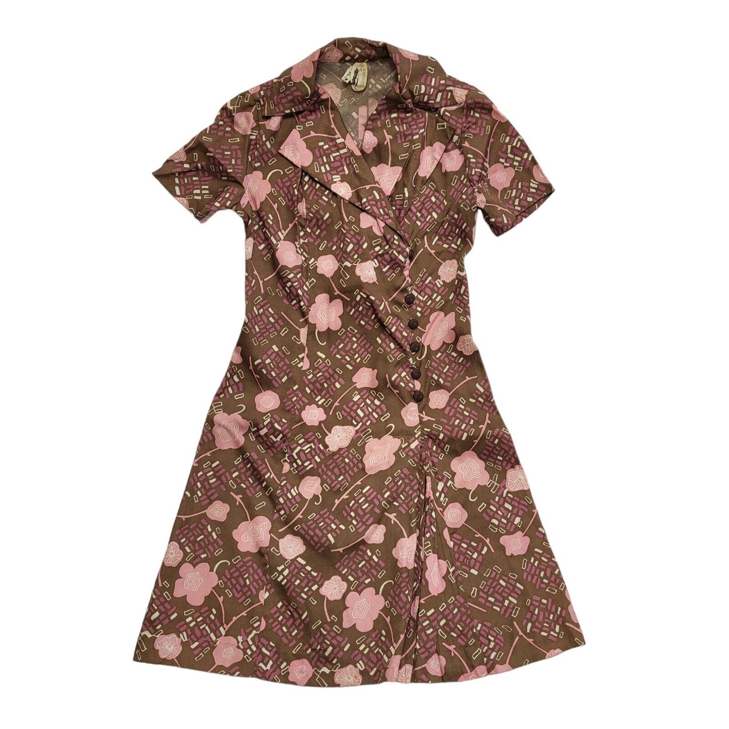 70s Vintage Brown & Purple Floral Collared Daywear Dress Women's 10
