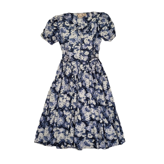 Kushi 90s Vintage Blue Floral Print Daywear Dress Women's Size M 10