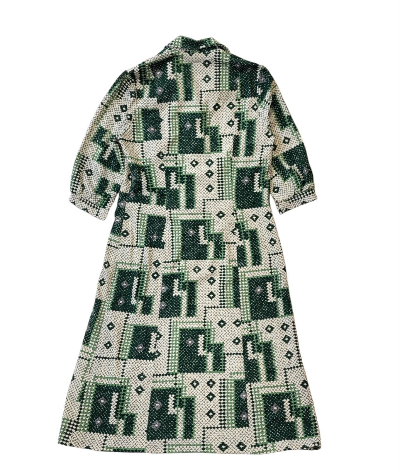 70s Vintage Green Geometric Buttoned Collared Daywear Dress Women's Size 14