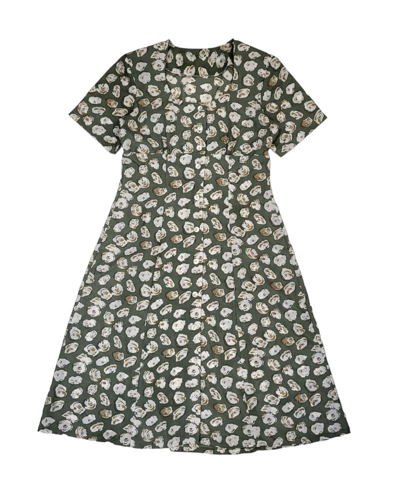 90s Vintage Green Patterned Buttoned Daywear Dress Women's Size 12