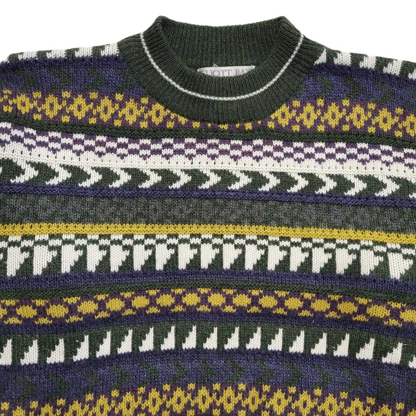 Elliott Bay Green White Vintage 90s Crew Neck Jumper Uk Men's Size M