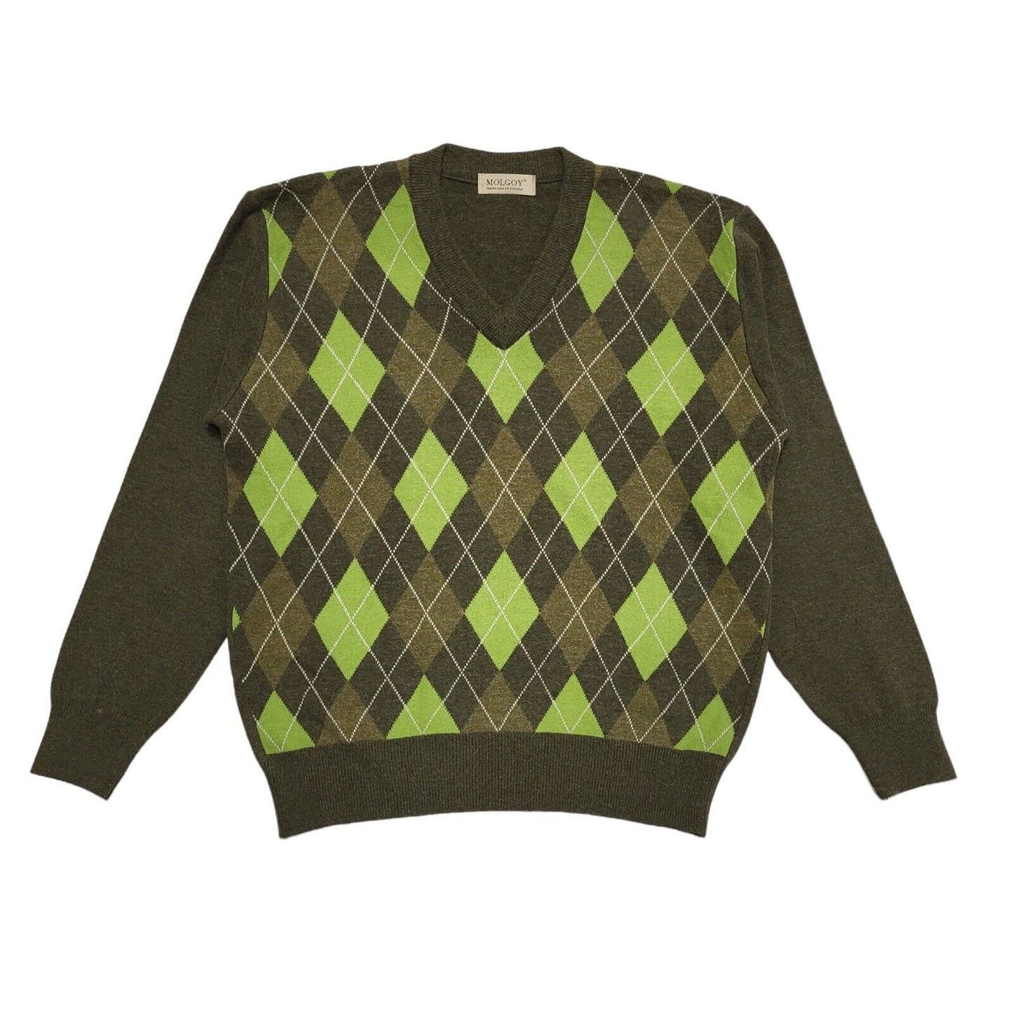 Molgoy Y2K Vintage Green Argyle Lambswool Blend V-Neck Jumper Men's Size XLarge