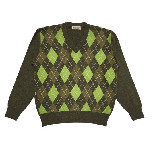 Molgoy Y2K Vintage Green Argyle Lambswool Blend V-Neck Jumper Men's Size XLarge