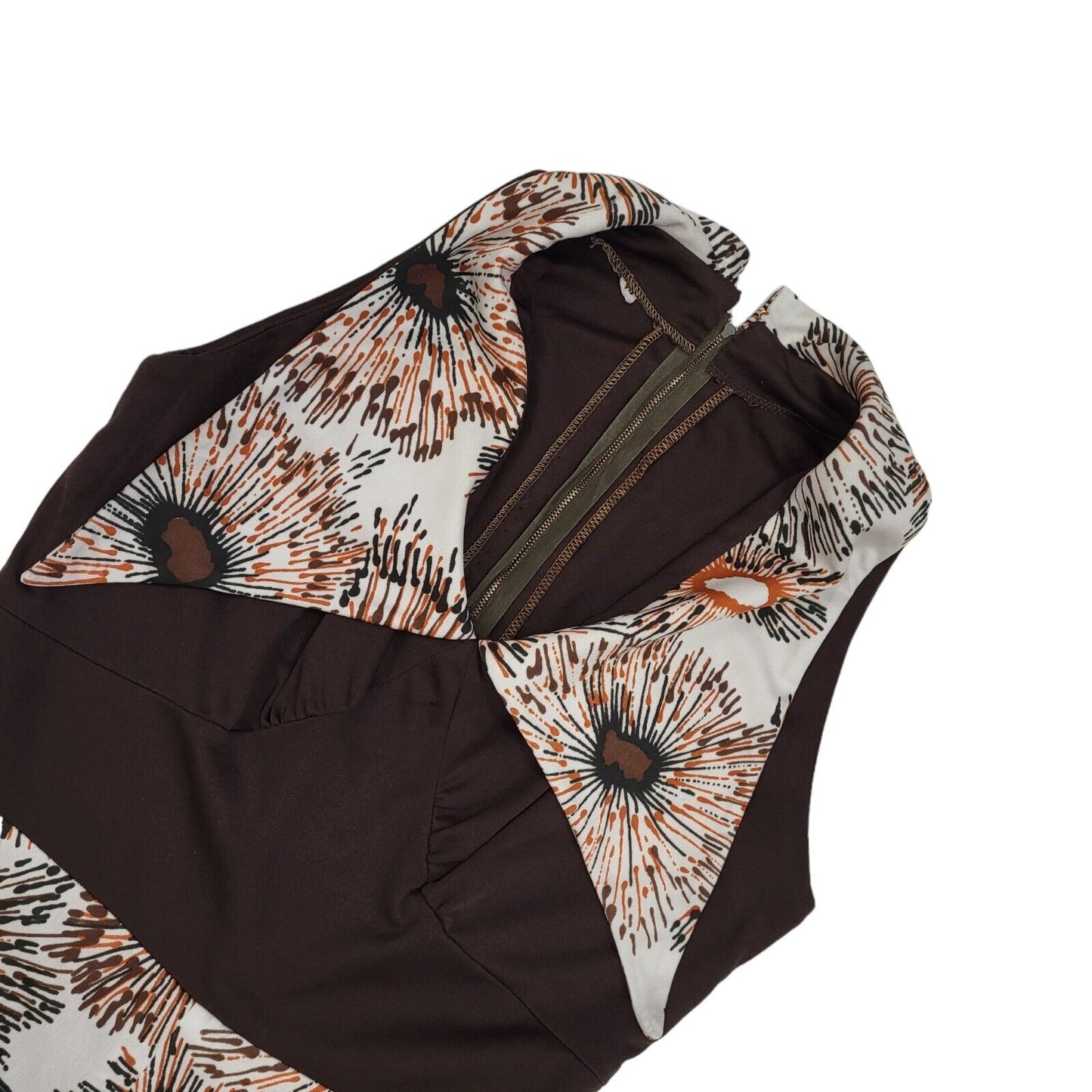 70s Vintage Brown Floral V-Neck Collared Maxi Dress Women's 8