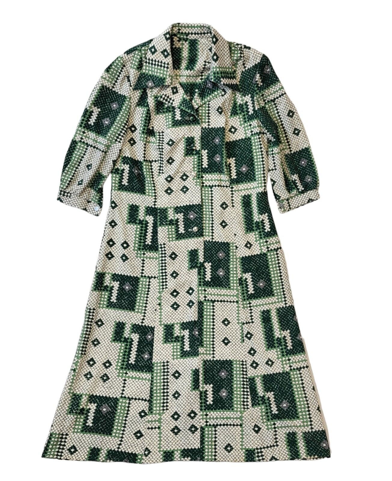 70s Vintage Green Geometric Buttoned Collared Daywear Dress Women's Size 14