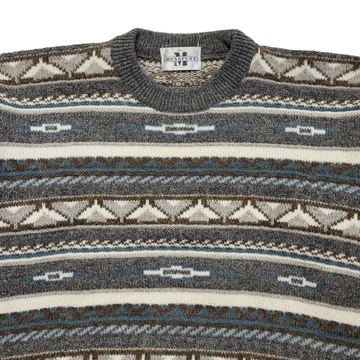 Menspunt Vintage 80s Grey Blue Geometric Crew Neck Jumper Men's UK L