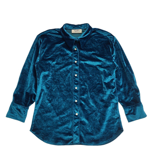 Girls 90s Vintage Blue Pearl Snap Velvet Blouse Women's Medium