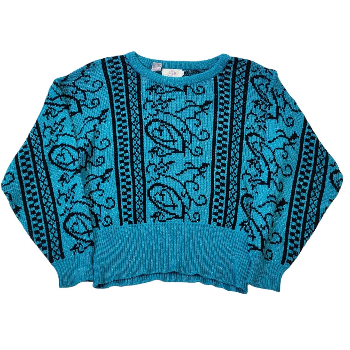 GB 80s Vintage Blue & Black Sparkle Retro Round Neck Jumper Women's Medium.