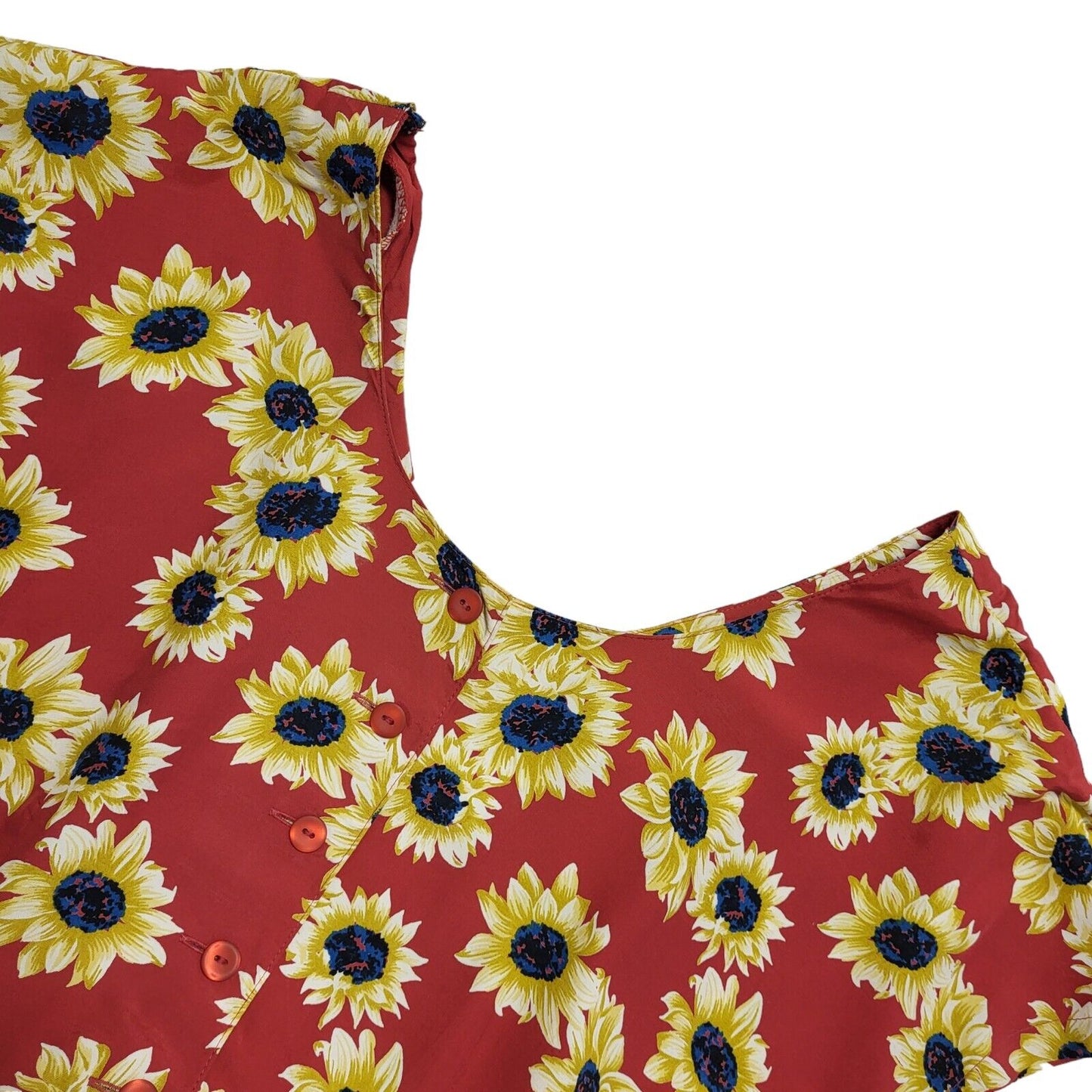 Vintage 80's Red & Yellow Button Front Floral A-Line Midi Dress Womens UK 14