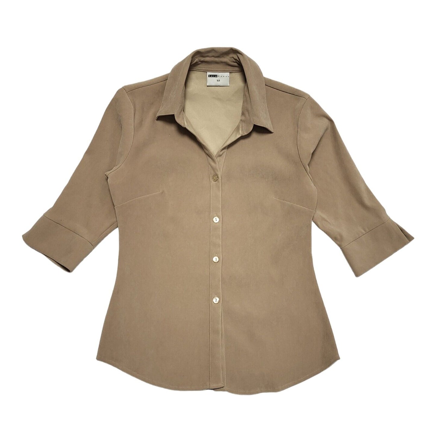 Sara Women Vintage 80's Brown 3/4 Length Sleeve Shirt Womens UK 12