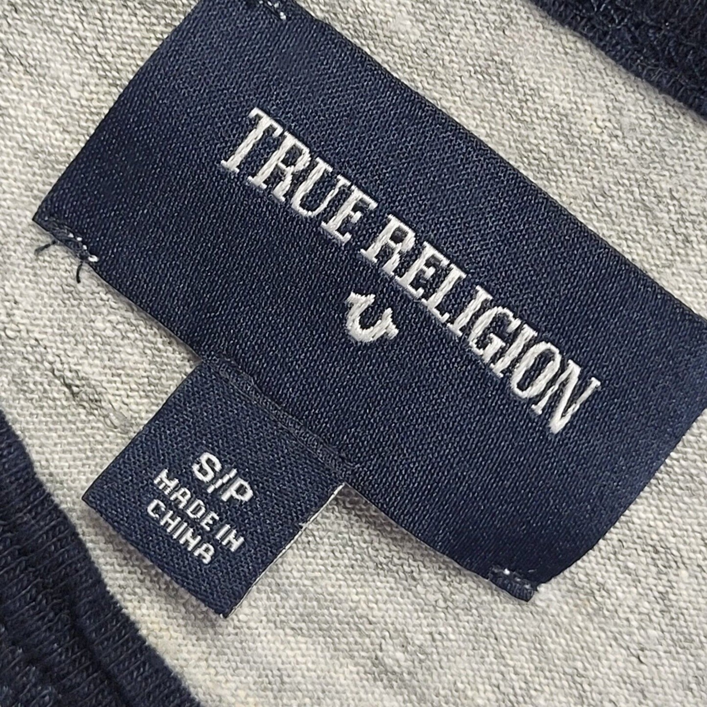 True Religion Henley Vintage 90s Blue & Grey Long Sleeve T-Shirt Mens UK Size S