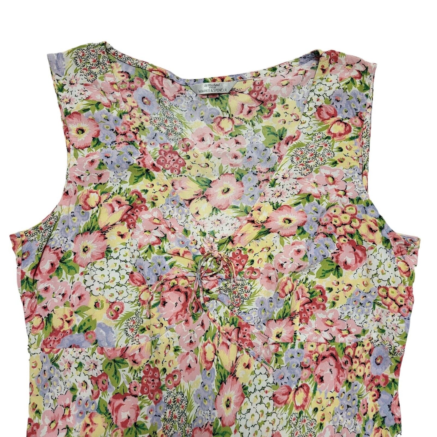 M&S Y2k Pink Yellow Floral Sleeveless Daywear Dress Uk Women's Size 12