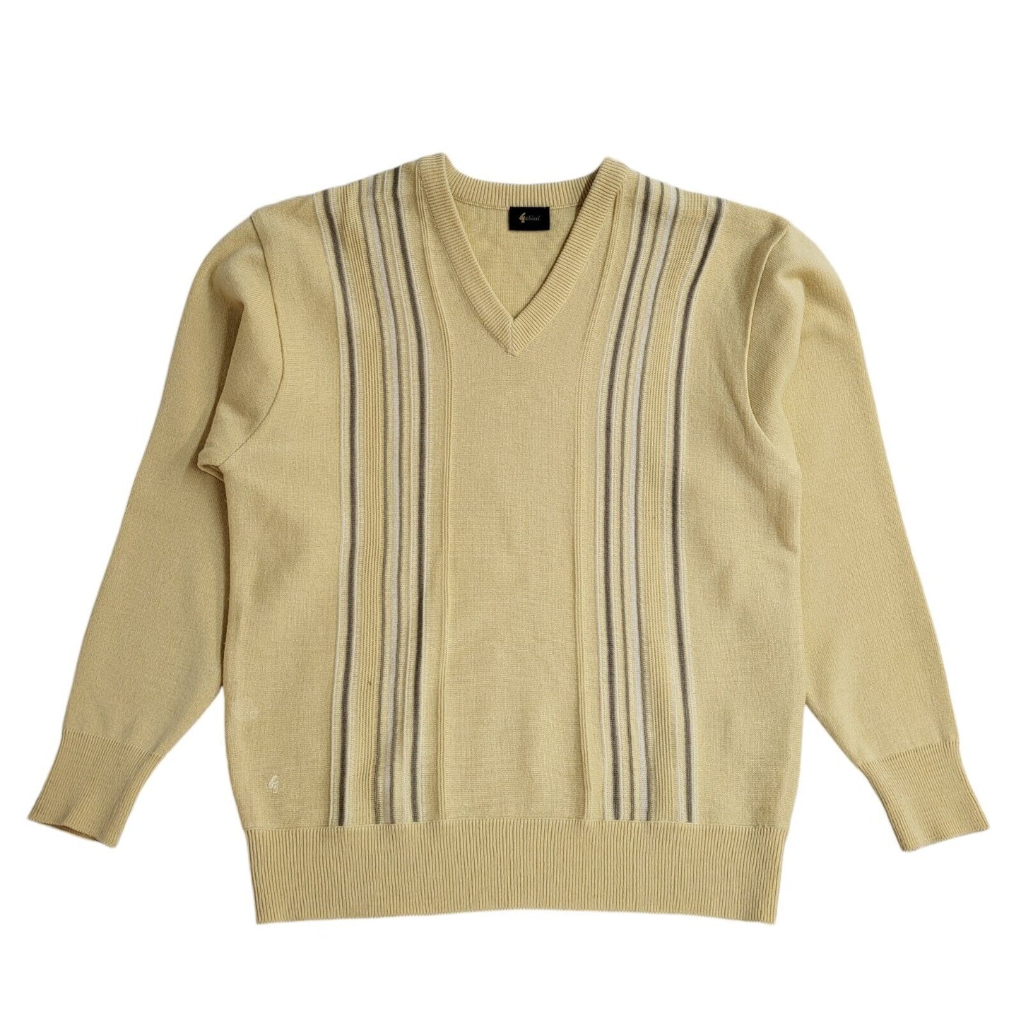 Gabicci Yellow Striped V-Neck Vintage 90's Jumper Men's UK M