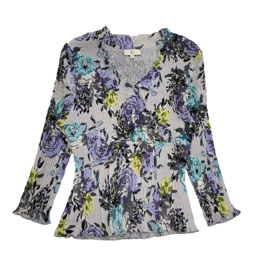 CC Vintage 90's Grey & Purple Floral 3/4 Sleeve Crinkled Top Womens UK Size S