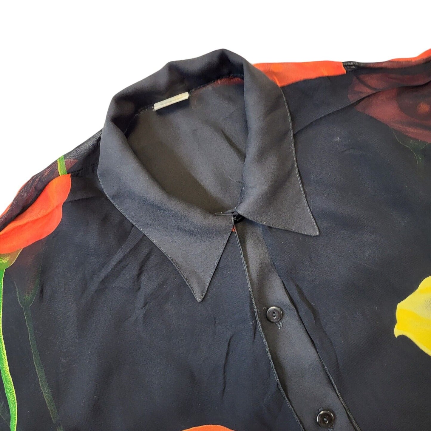 90s Vintage Black, Red & Yellow Floral Short Sleeve Blouse Women's L 12-14