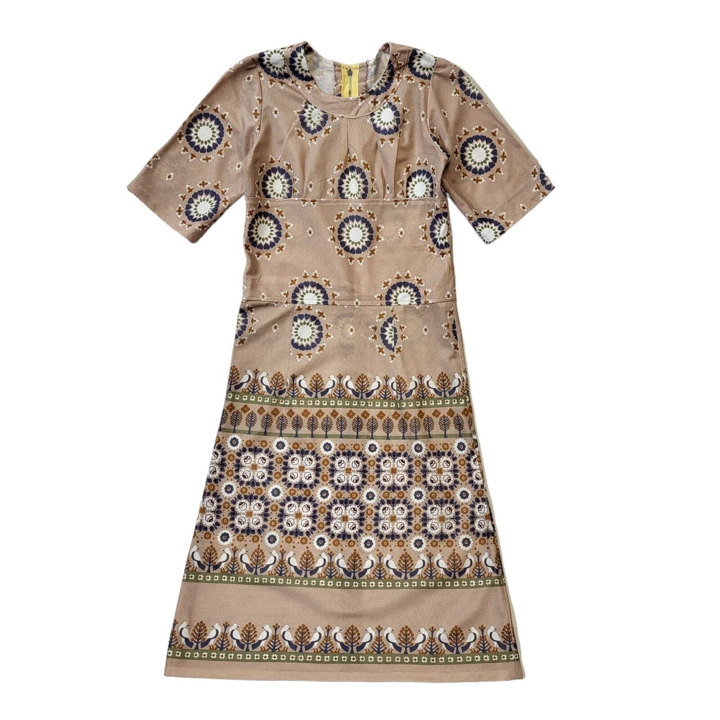 70s Vintage Beige Geometric A-Line Dress Women's Size 4-6
