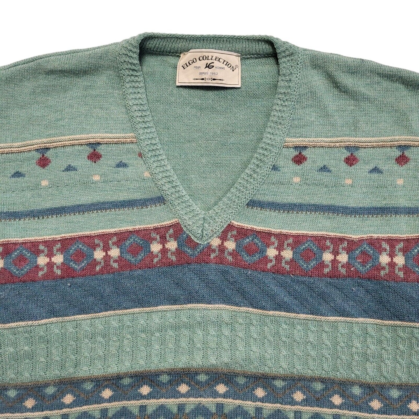 Elgo Collections Vintage 80s Green Geometric V-Neck Jumper Men's UK XL