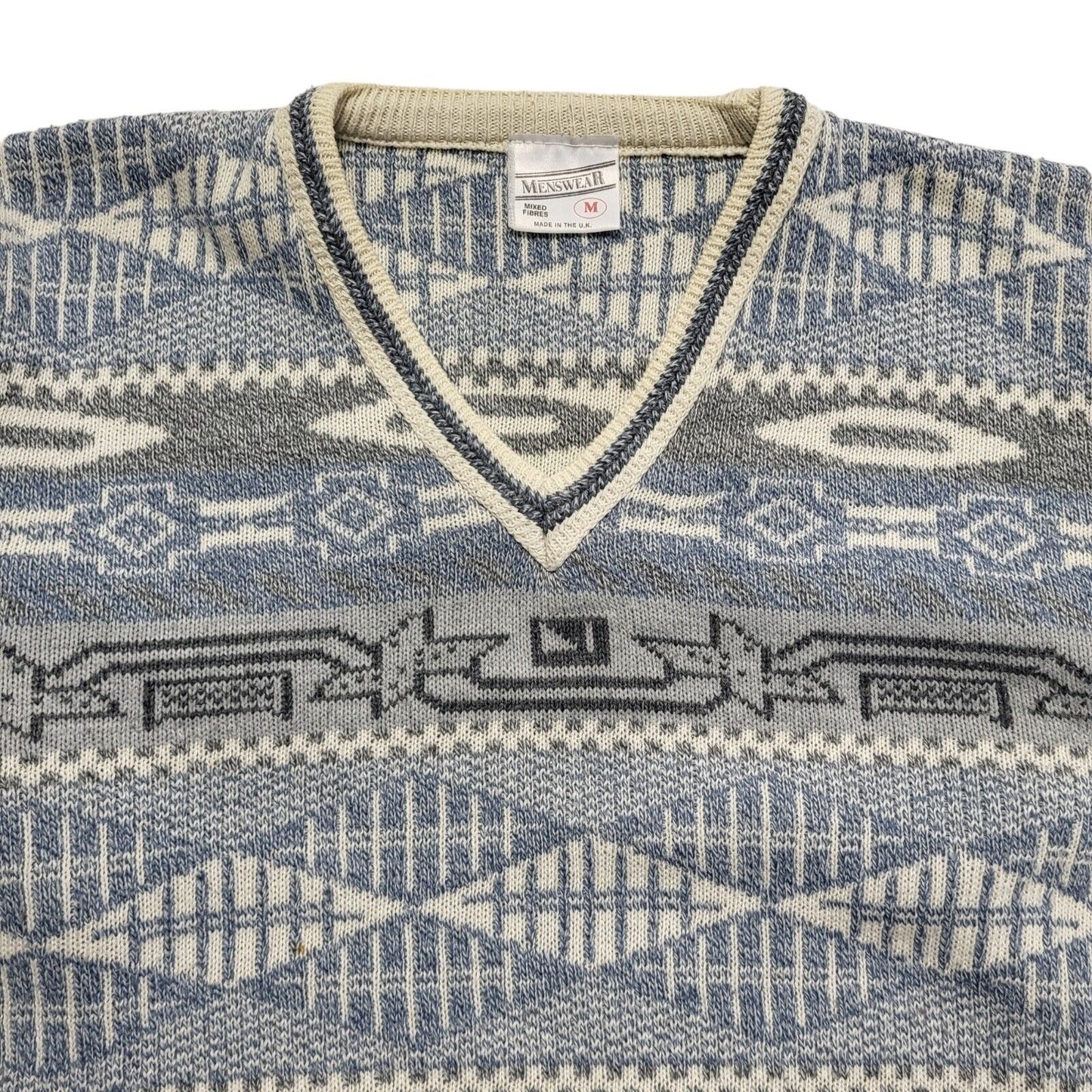 Menswear Vintage 80's Blue & White V-Neck Jumper Mens UK M