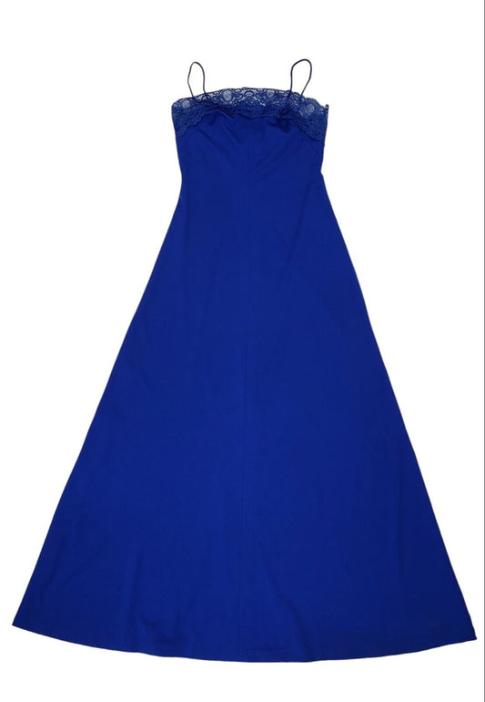 Mary Charmaine 70s Vintage Blue Lace Trim Evening Maxi Dress Women's Size 10