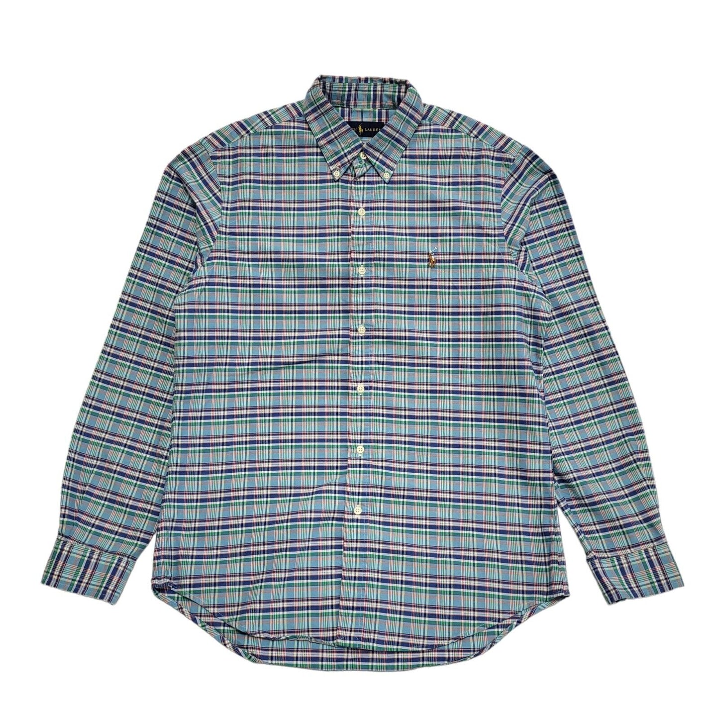 Ralph Lauren 90's Vintage Blue & Green Checked Long Sleeve Shirt Mens UK Size M