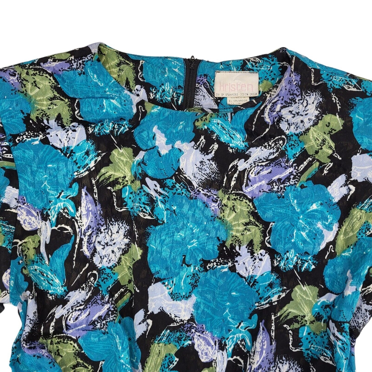 80s Vintage Kristen Blue Floral Fit & Flare Belted Daywear Dress Women's 10