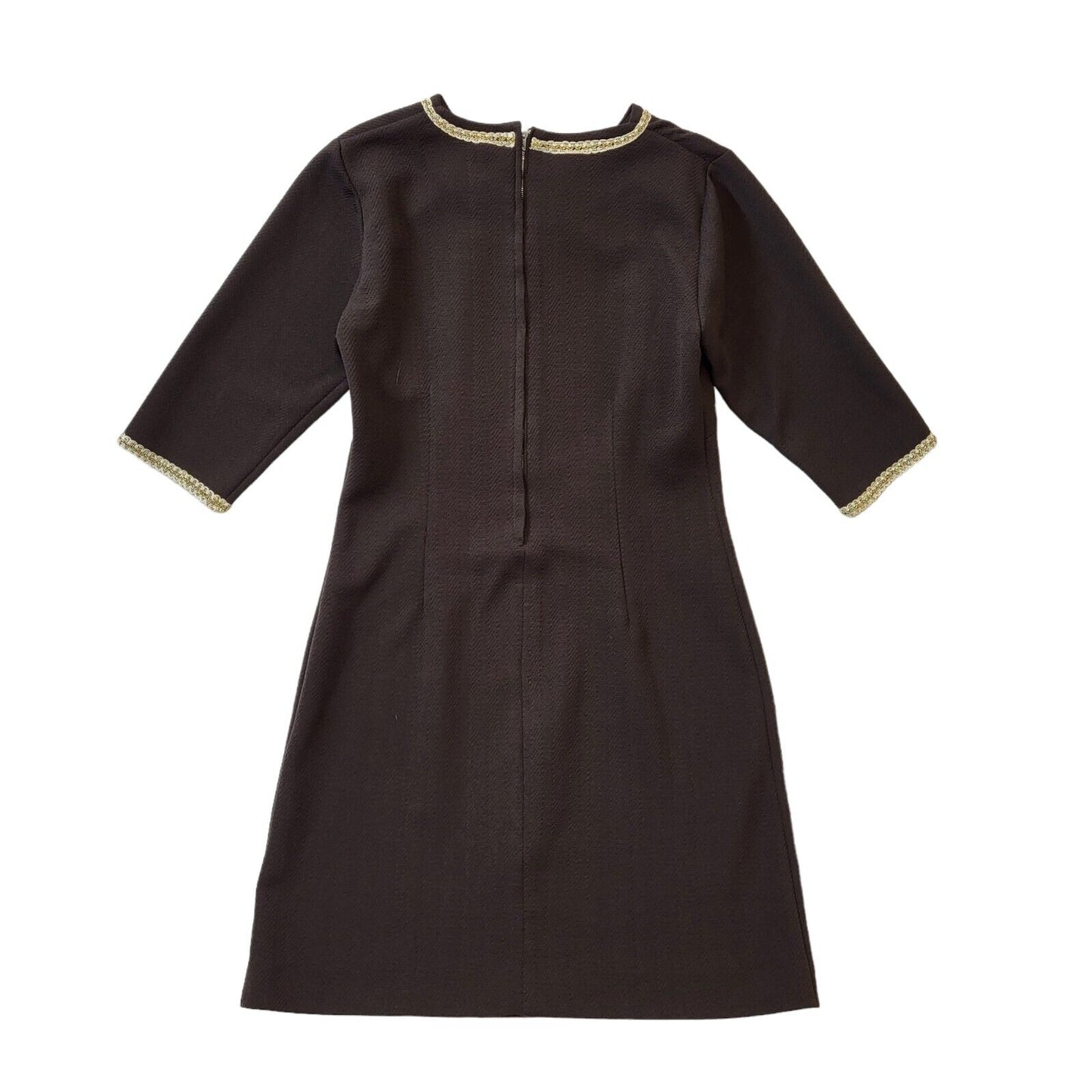 70s Vintage Brown Shift Dress With Gold Trim Women's Size 12