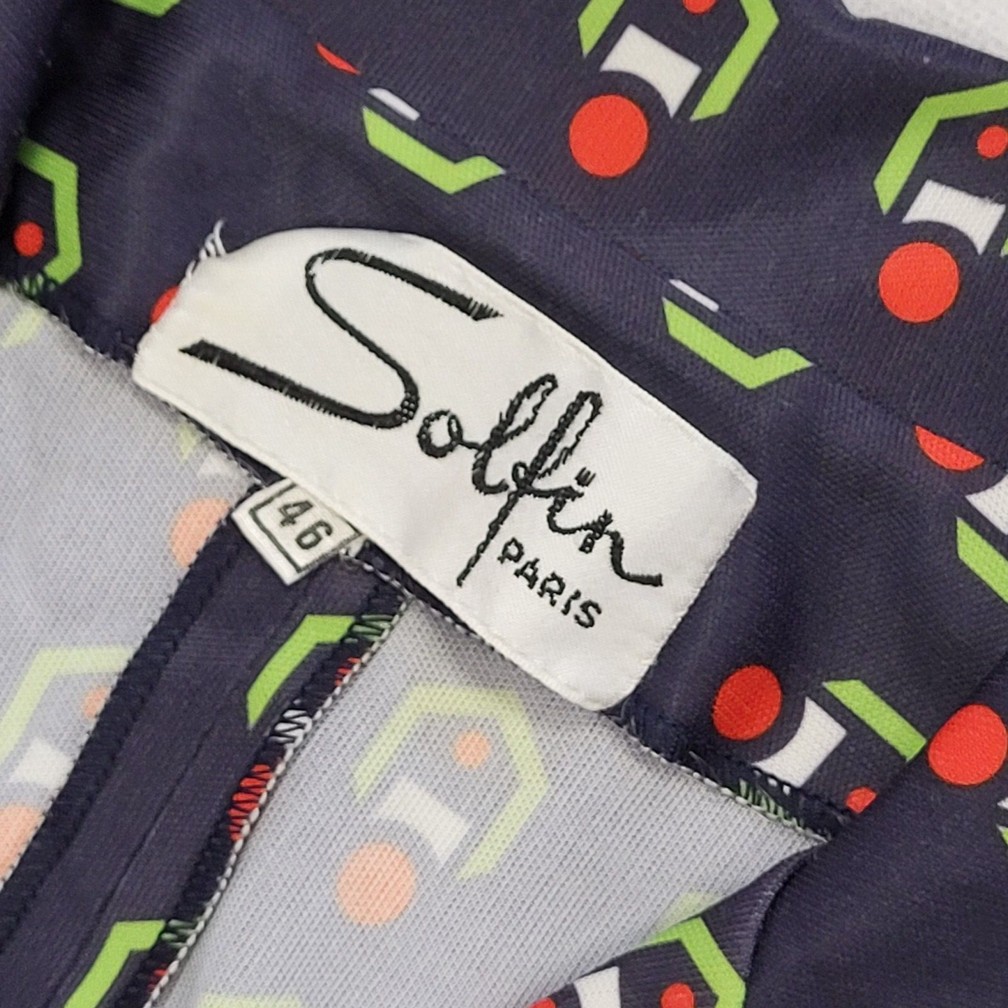 70s Vintage Solfin Black Geometric Button Dress Women's Size 16/18