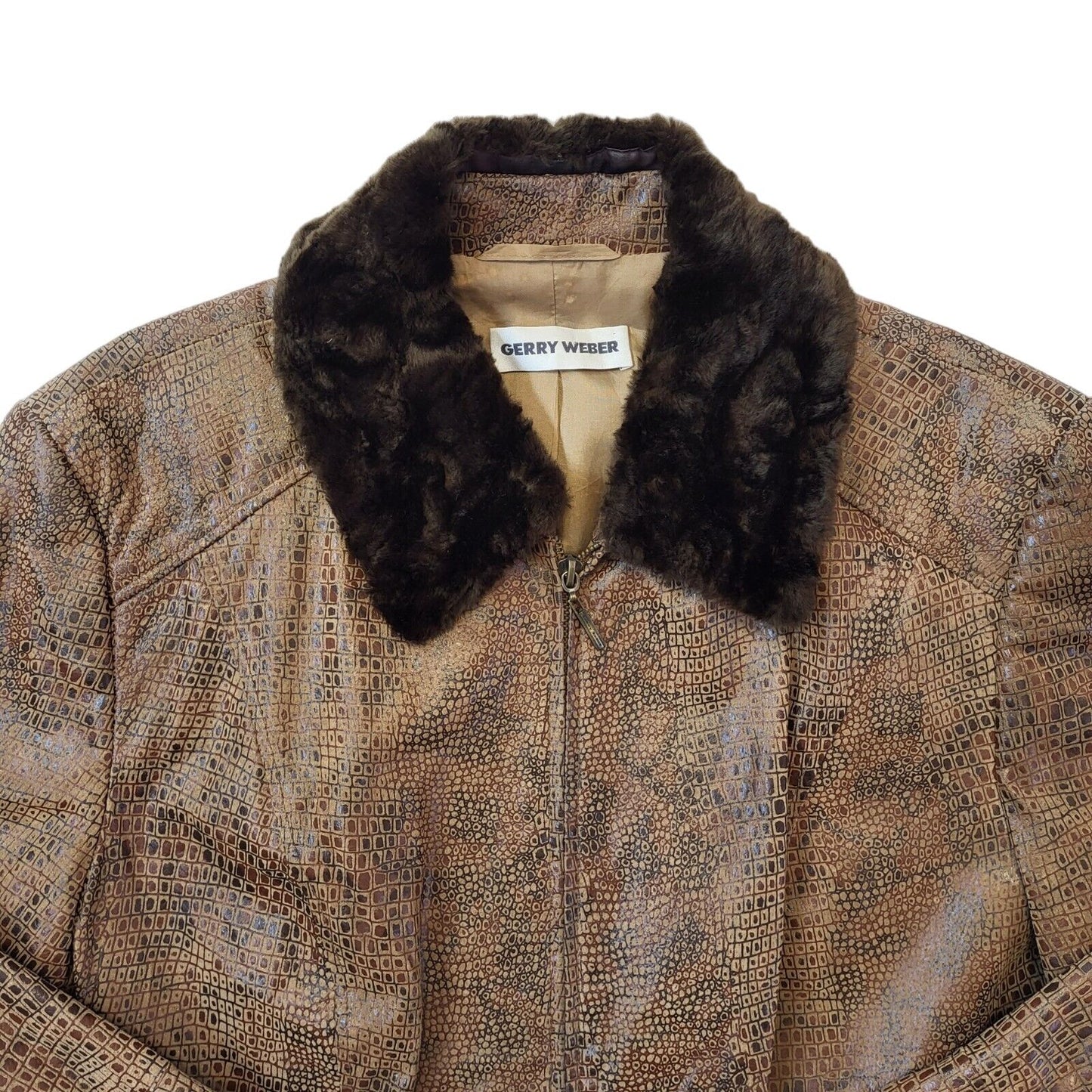 Gerry Weber 90s Brown Zip Up Leather Jacket Faux Fur Collar Women's Size 18