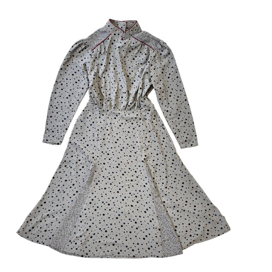 Fiona Dresses 70s Vintage Grey & Burgundy Dotty Dress Women's Size 12