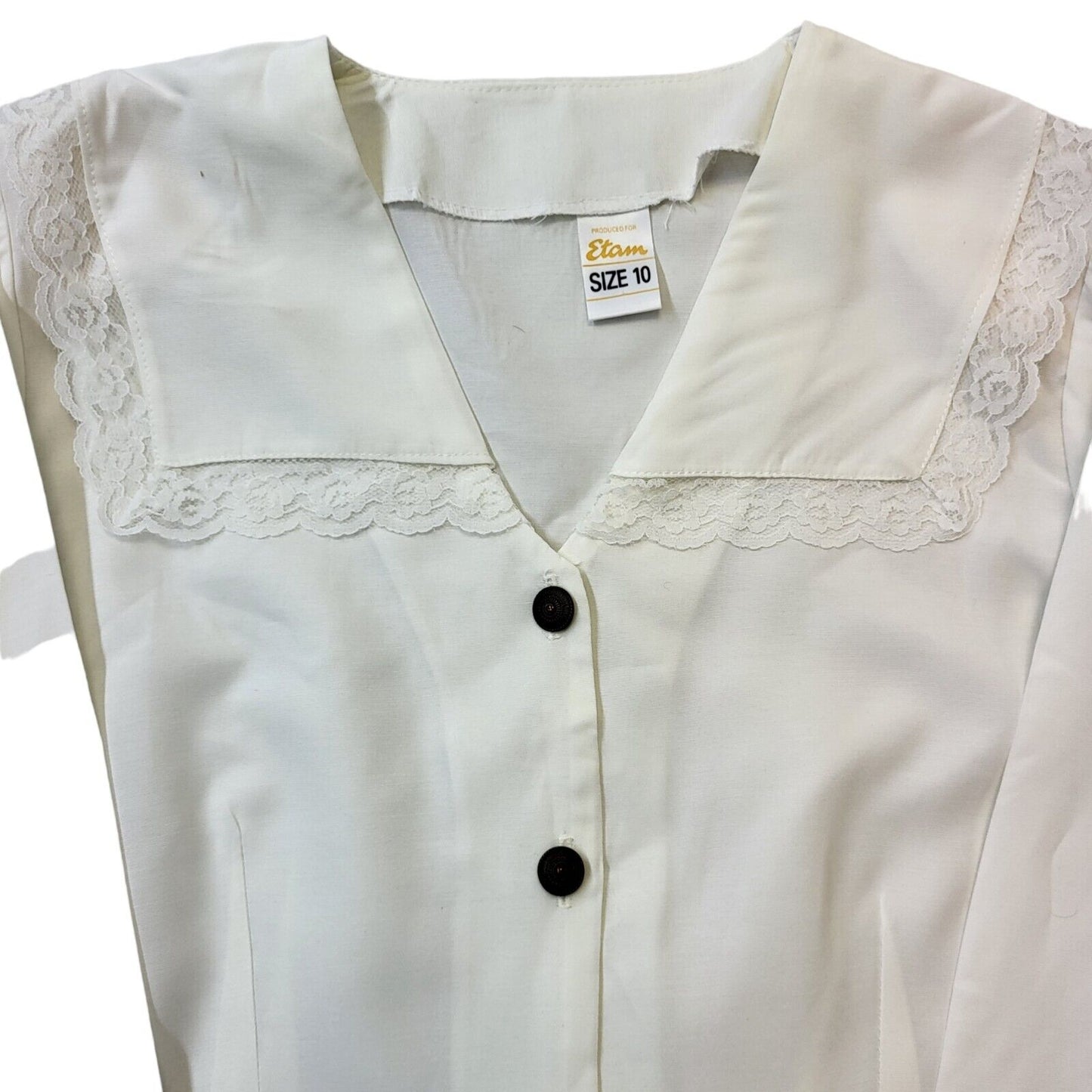 Etam 80s Vintage White Button Up Collared V-Neck Blouse Womens Size 10