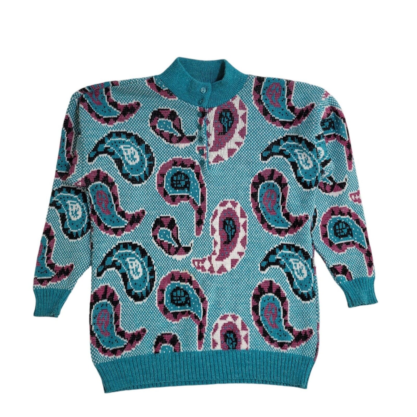 Label Vintage 90's Blue Paisley 1/4  Button Jumper UK Women's Size 14