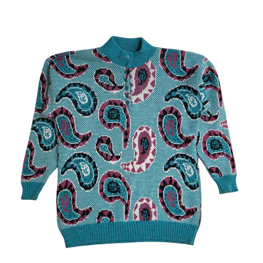 Label Vintage 90's Blue Paisley 1/4  Button Jumper UK Women's Size 14