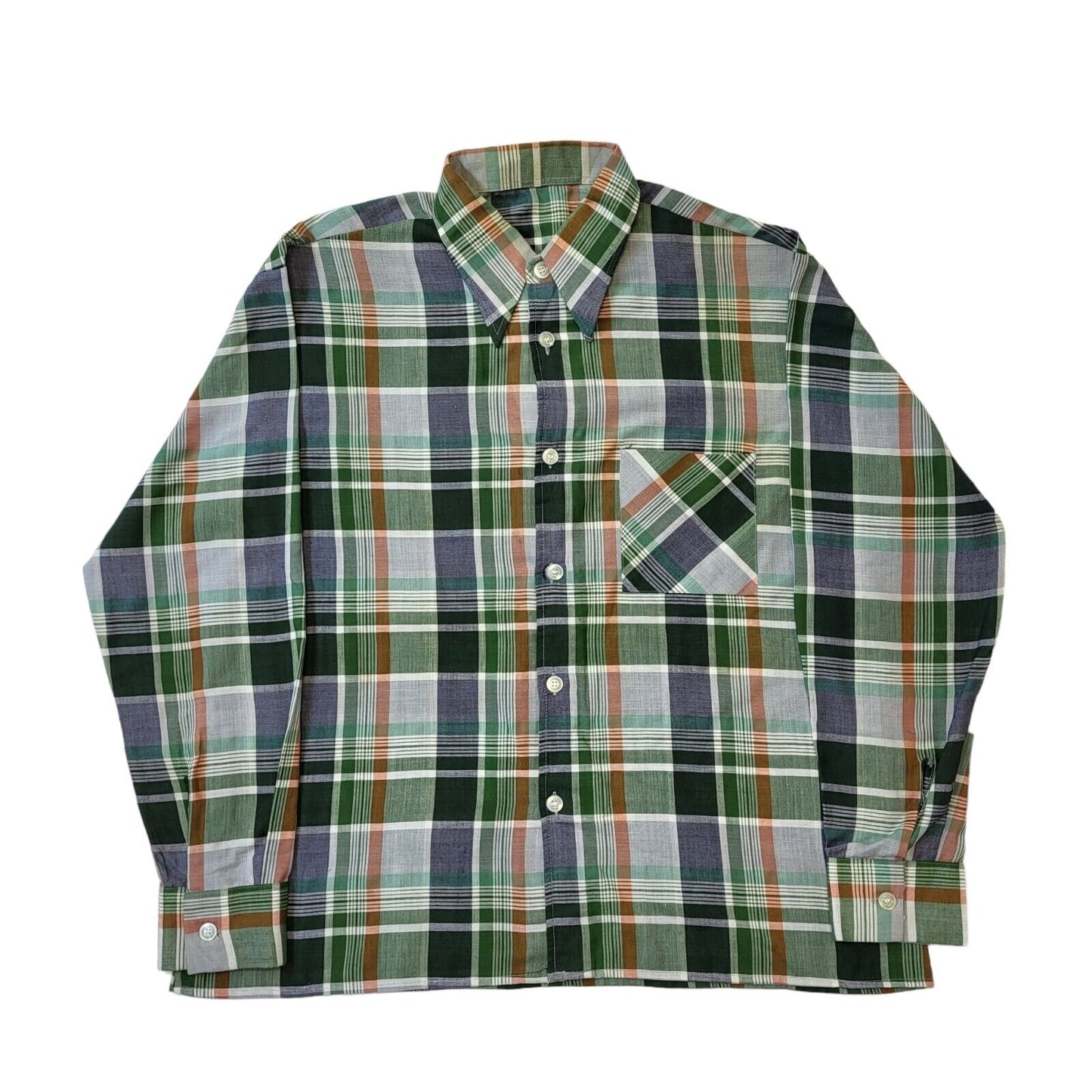 70s Vintage Green & Blue Long Sleeve Cotton Check Shirt Men's Size XL