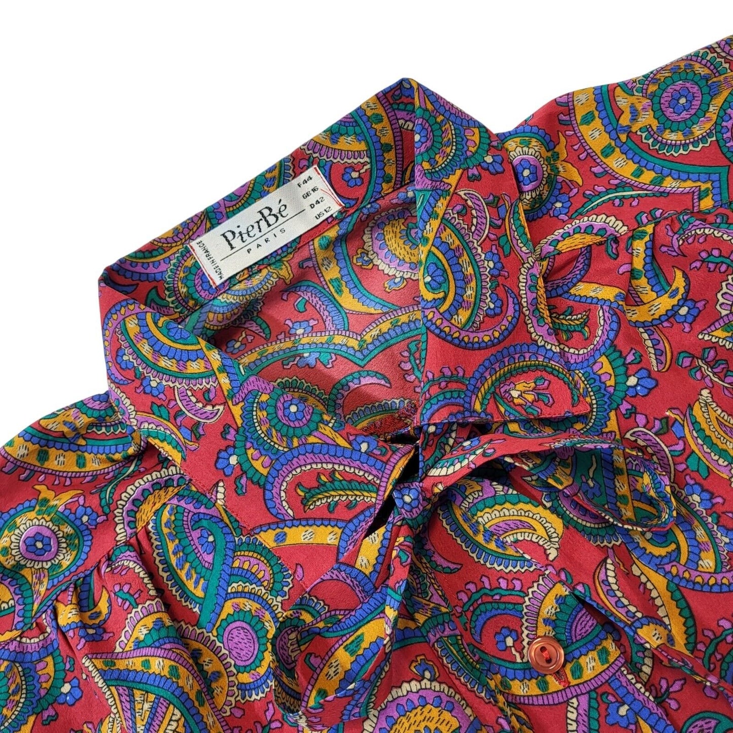 PierBe 90s Vintage Multicoloured Paisley Button Blouse With Neck Tie Women's 16