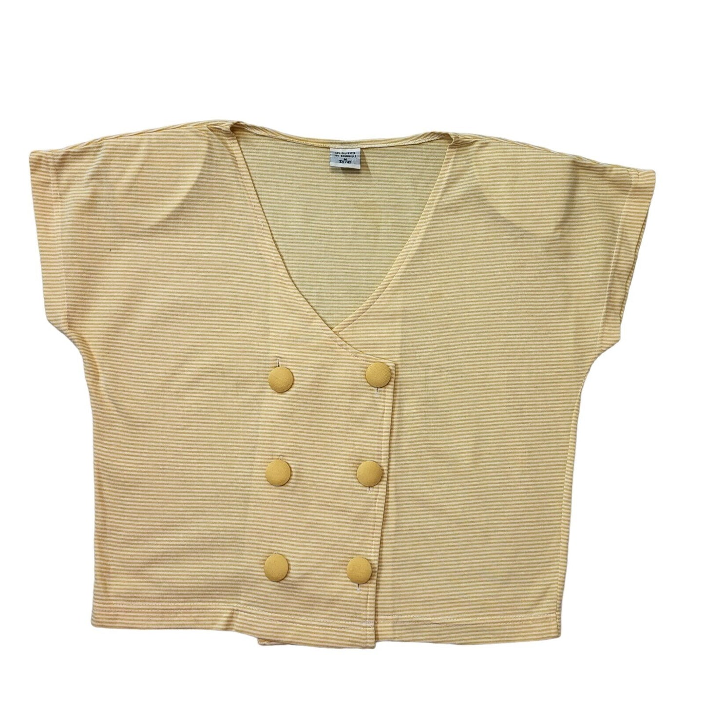 80s Vintage Yellow Striped Short Sleeve Button-Up Blouse Women's M