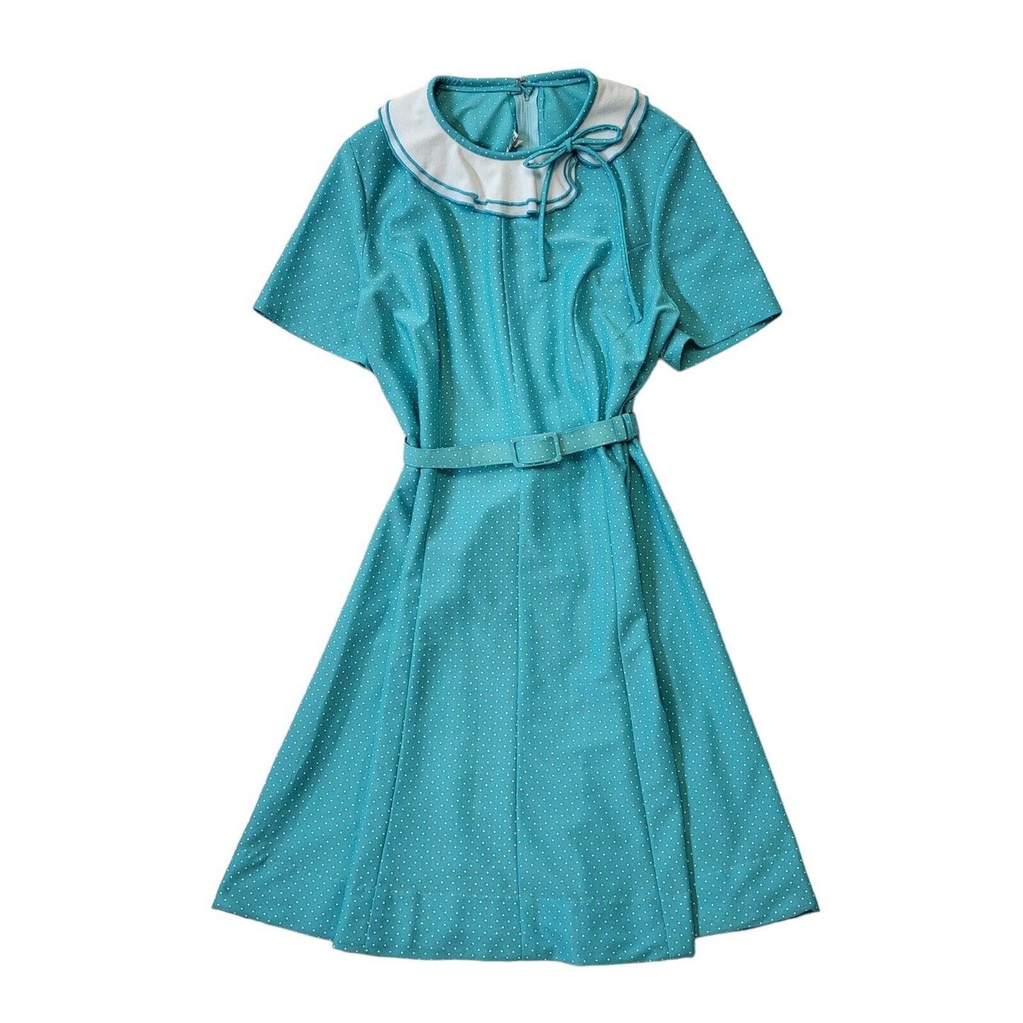 70s Vintage Blue & White Polka Dot Belted Dress Women's Size 14 Eu 42