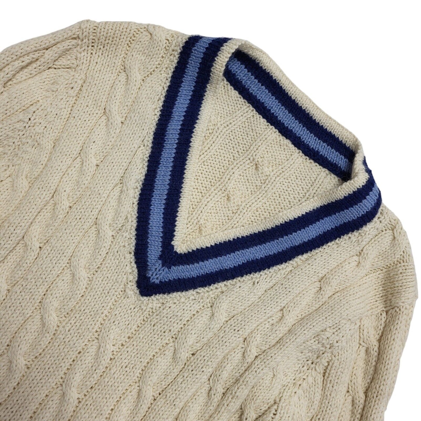 90s Vintage Cream Blue Acrylic V-Neck Cricket Jumper Uk Women's Size Small