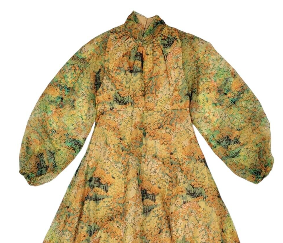 70s Vintage Yellow Boho Patterned Long Sleeve Maxi Dress Women's Size 6-8